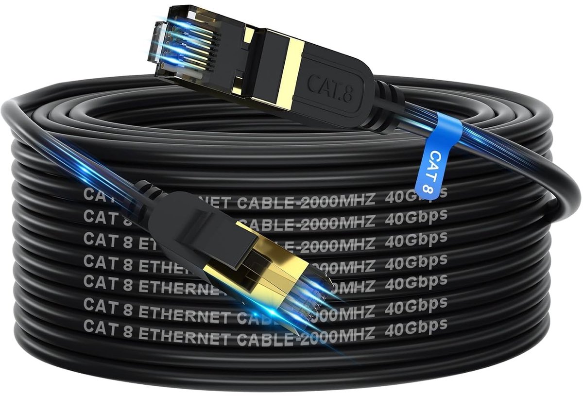 CAT8 Ethernetkabel 30m | 40Gbps 2000MHz Dubbel Afgeschermd RJ45 Netwerkkabel | Snelle Internetkabel Geschikt voor PS5, PS4, Xbox, PC, Router, Switch, Modem, TV-Box