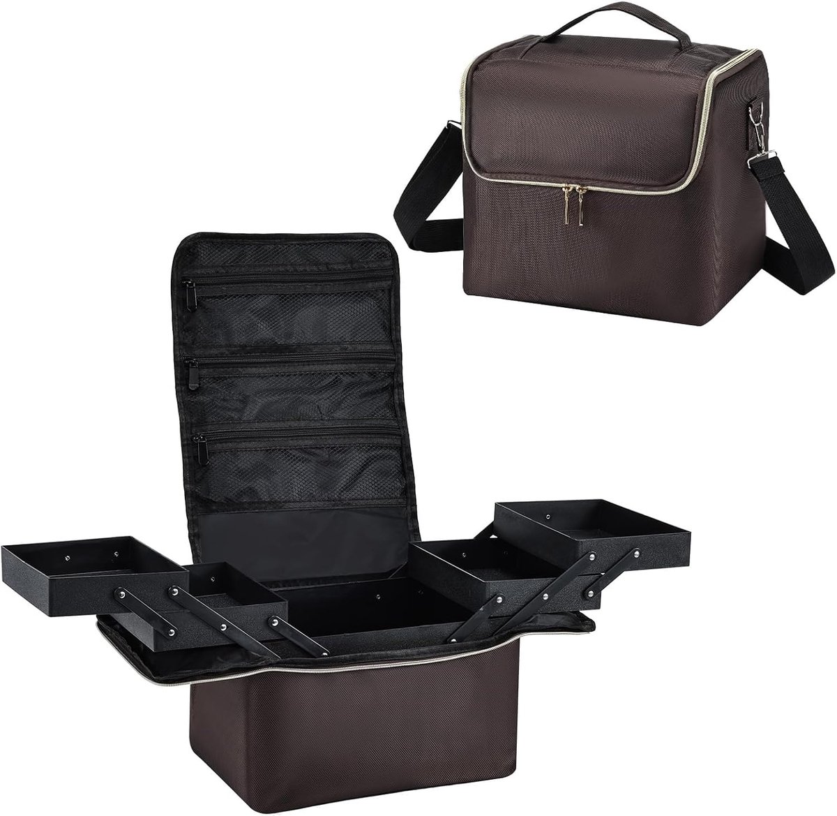 Make-uptas, make-uptas, make-upkoffer, cosmeticakoffer, make-up koffer, draagbare beauty-tas, Modieus bruin, L, Klassiek