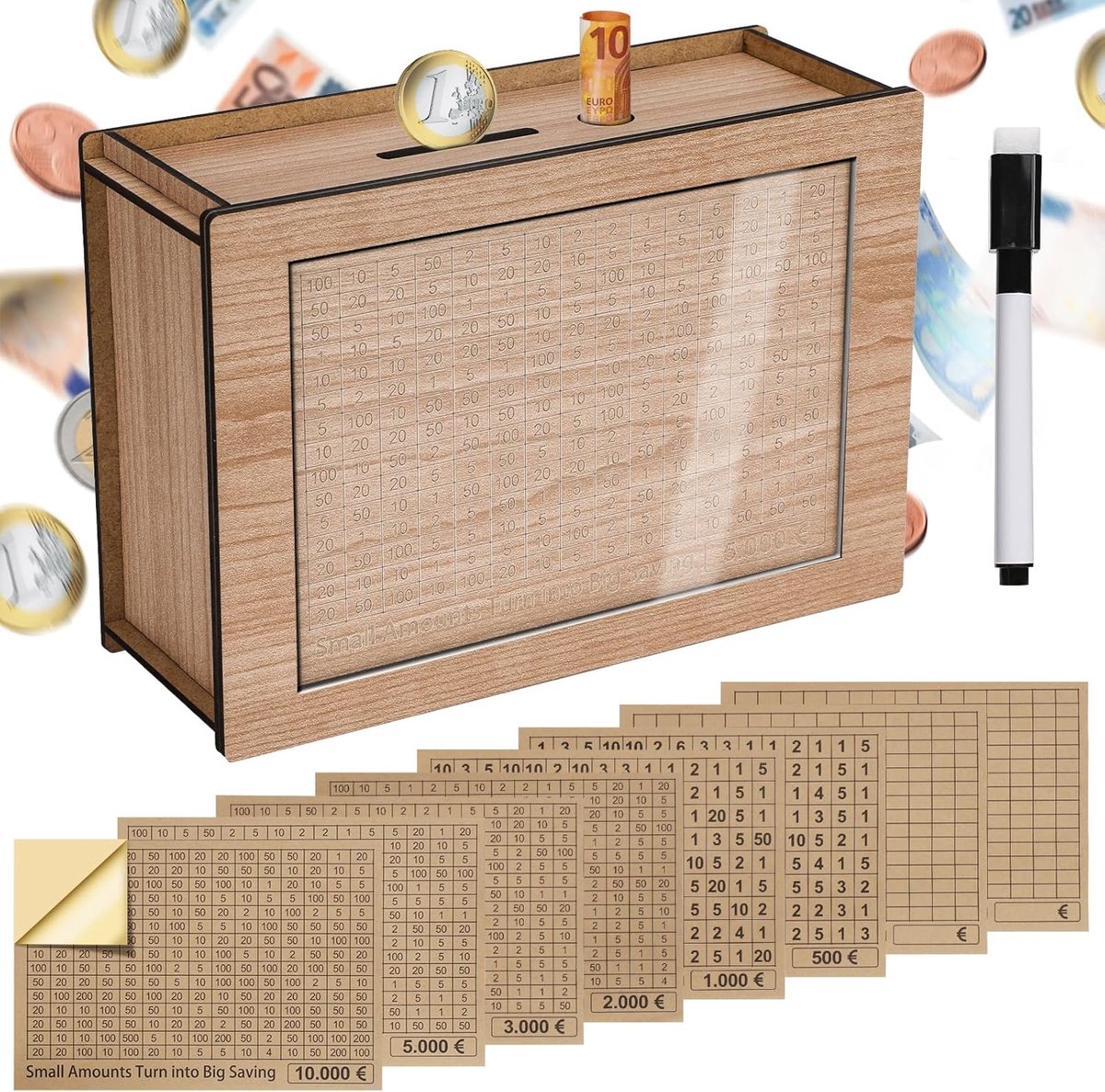 Houten Spaarpot met Stickers, Cash Spaarvarken 5000€ Herbruikbare Spaarbox met Teller Spaaruitdaging Spaarpot Muntgeldpot voor Kinderen en Volwassenen 500-10000€ Doel