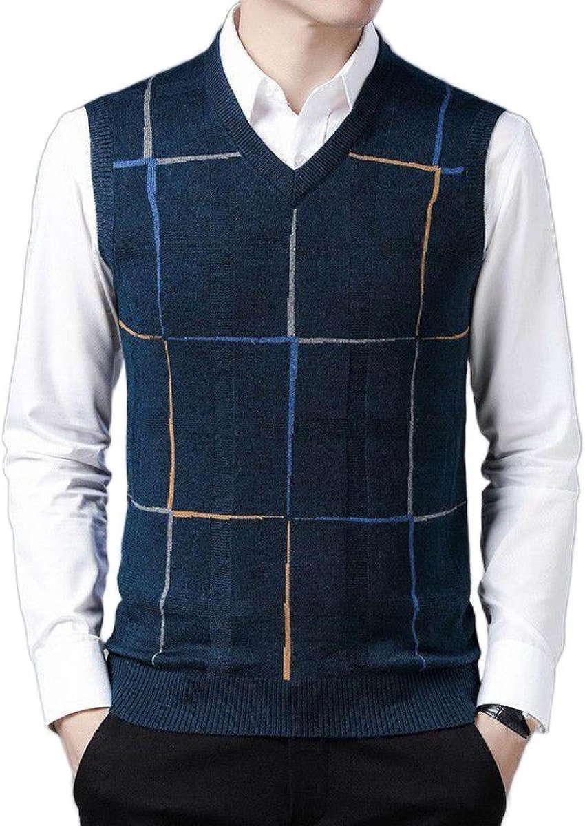 Kasjmier Mouwloos Vest Met V-Hals, Klassiek Contrasterend Geruit Pullover Vest Casual All-Match Gebreid Vest, Zakelijk Heren Gebreide Vest Trui Tanktops, Marineblauw, S