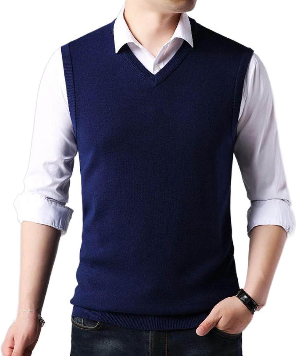 Kasjmiervest Voor Heren, Klassiek Effen Kleur Mouwloos Truivest Pullover Vest Casual All-Match Gebreid Vest, Klassiek Zakelijk Heren Gebreide Vest Trui Tanktops, Marineblauw, S
