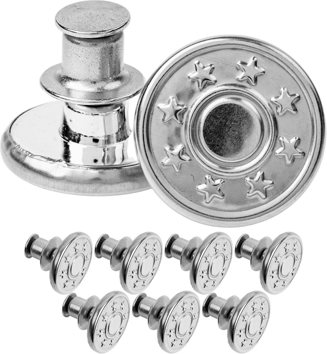 Knopen, 8 st., nikkelvrij, voor mensen met allergie, Ø 17 mm messing jeansknopen, zilverkleurig, altijd verstelbare tailleband, jeans strakker, broekknopen met speldenknop
