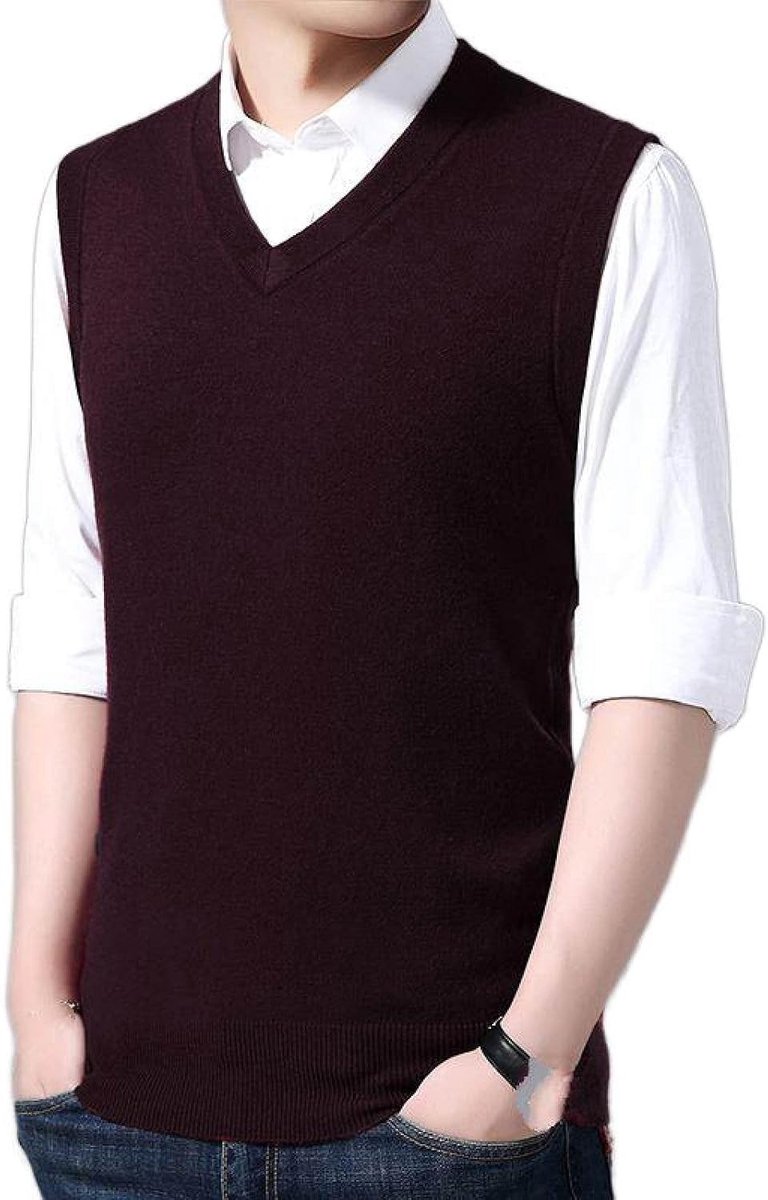 Jeugd Heren Vest Met V-Hals, Klassieke Slanke Mouwloze Pullover Trui Effen Kleur Gebreid Vest, Casual Geruite Print Business Gentleman Knitwear Vest Sweater Tank Tops,Wine Red,S