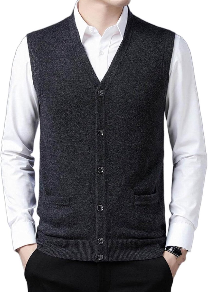Gebreid Vestvest Met V-Hals, Herfst En Winter Klassiek Vest Trend Casual Effen Kleur Heren Kasjmier Gemengd Vest, Zakelijk Heren Gebreide Trui Vest Tanktops,Donkergrijs,S