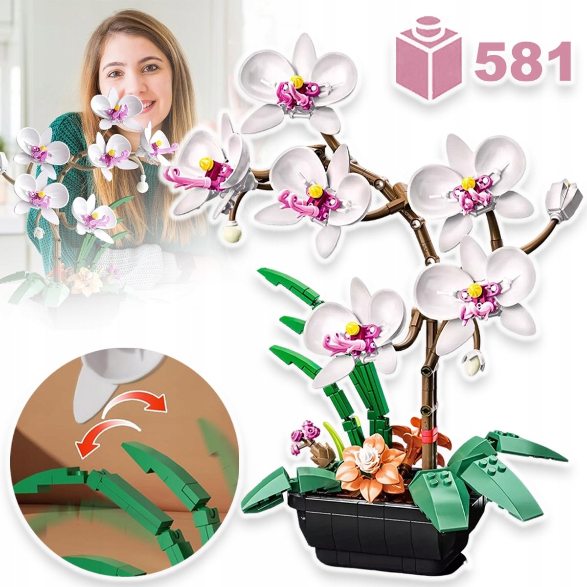 Verstelbare Stengels, Bloemen En Wortels – Orchideeën Bouwset Met Realistische Details Van Veilig ABS – Creatieve Decoratie Voor Woonkamer, Slaapkamer En Kantoor – Wit