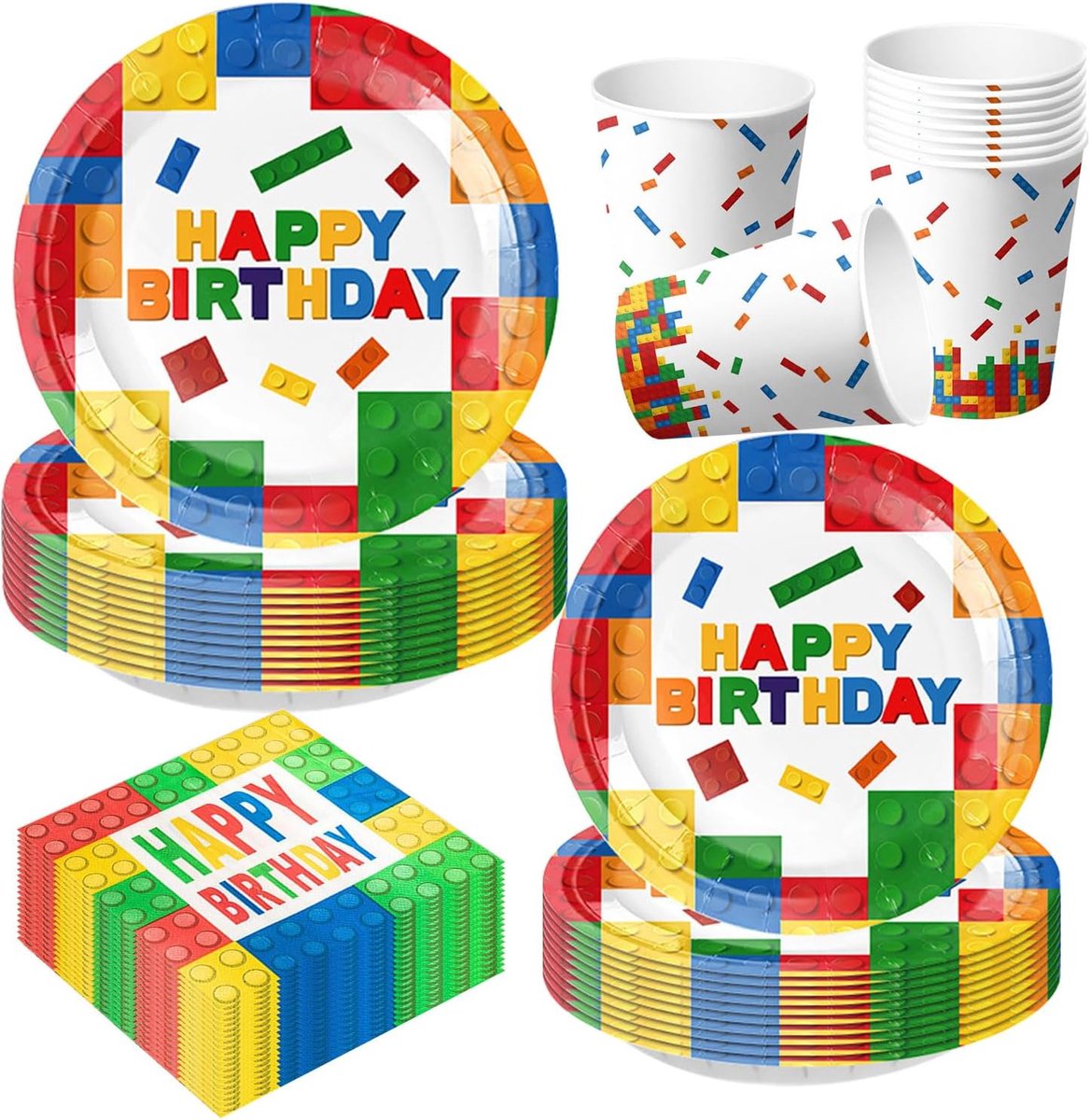 50 stuks bouwstenen, feestservies, verjaardag, kinderverjaardag, decoratie, bouwstenen, verjaardagsdecoratie, met borden, bekers, servetten, feestservies voor 10 gasten