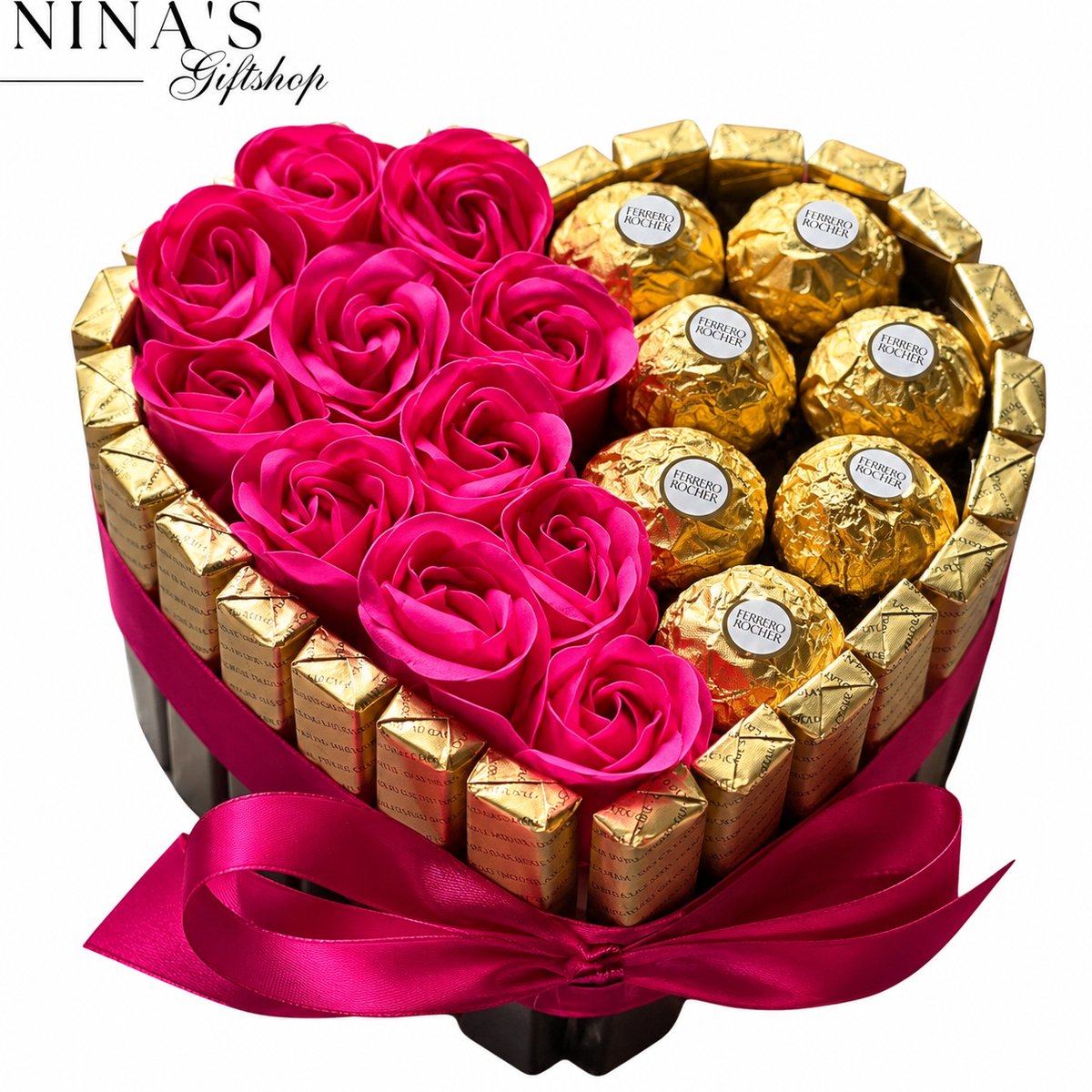 Nina’s Giftshop® Valentijn Cadeau – Chocolade Hart – Ferrero Rocher & Merci – Chocoladecadeau – Cadeau voor Haar – Valentijn Cadeautje – Moederdag Cadeau – Verjaardag – Kerstcadeau – Cadeau voor Vrouw