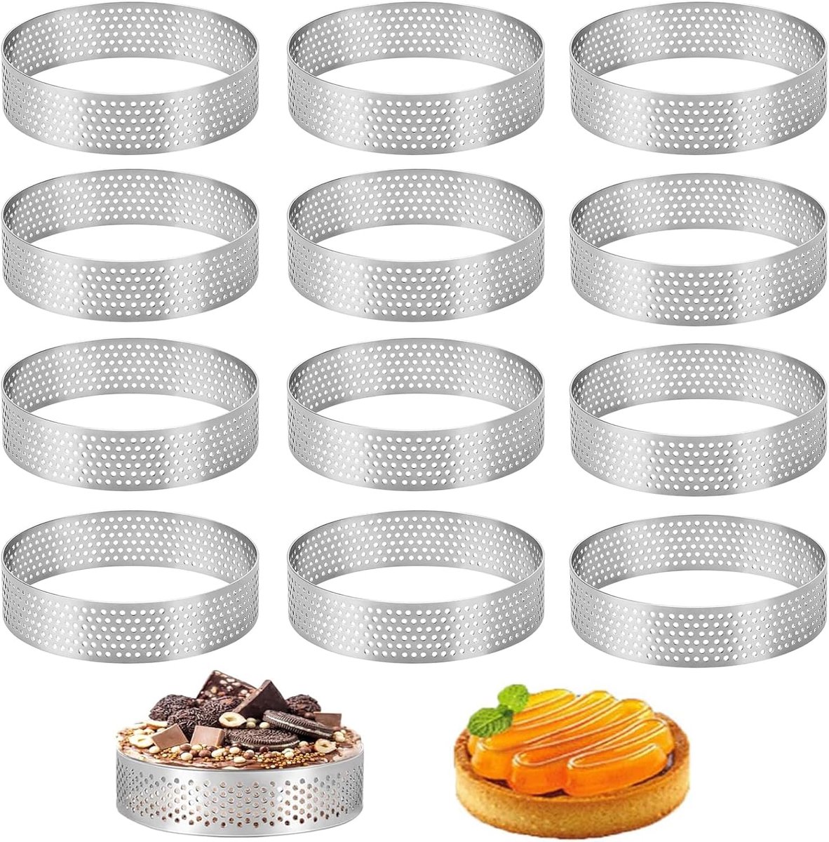 12 stuks dessertcirkels, taartcirkels van 8 cm, dessertschuimcirkel met gaten, voor het maken van koekjes, donuts en taartbakgerechten