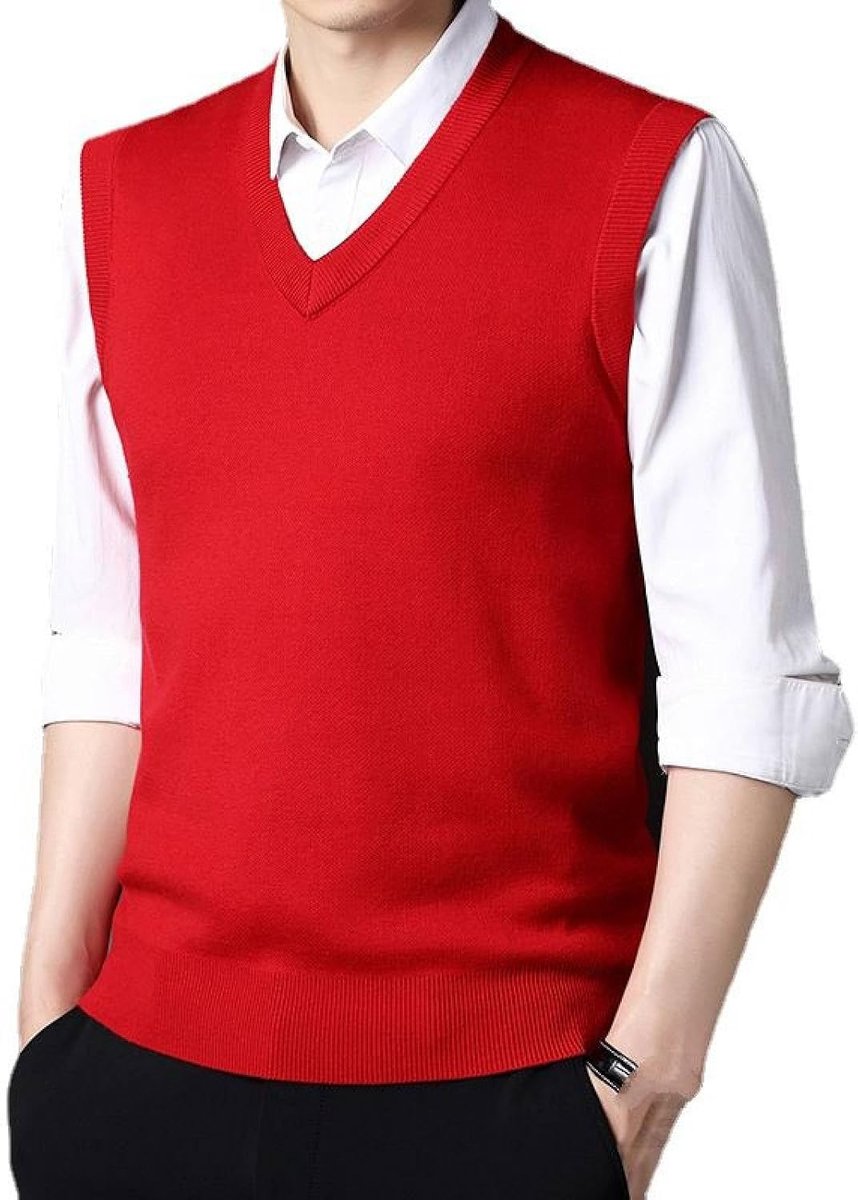 Herenvest In Effen Kleur, Klassiek Gebreid Vest Met V-Hals, Kasjmiervest Voor Heren, Pullover-Sweater, Zakelijk Herengebreide Gebreide Vest-Sweater-Tanktops,Rood,S
