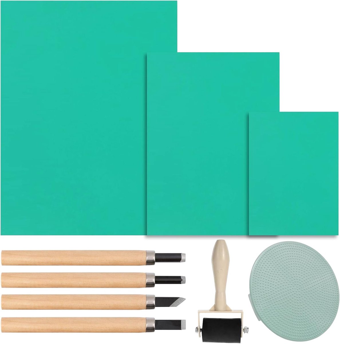 Platen, linoldruk, set, 9 stuks, rubberen stempel, snijblokken A4/A5/A6, zacht rubber, linoldrukplaat, plat oppervlak, linolsnijset voor drukafbeeldingen, kunsthandwerk