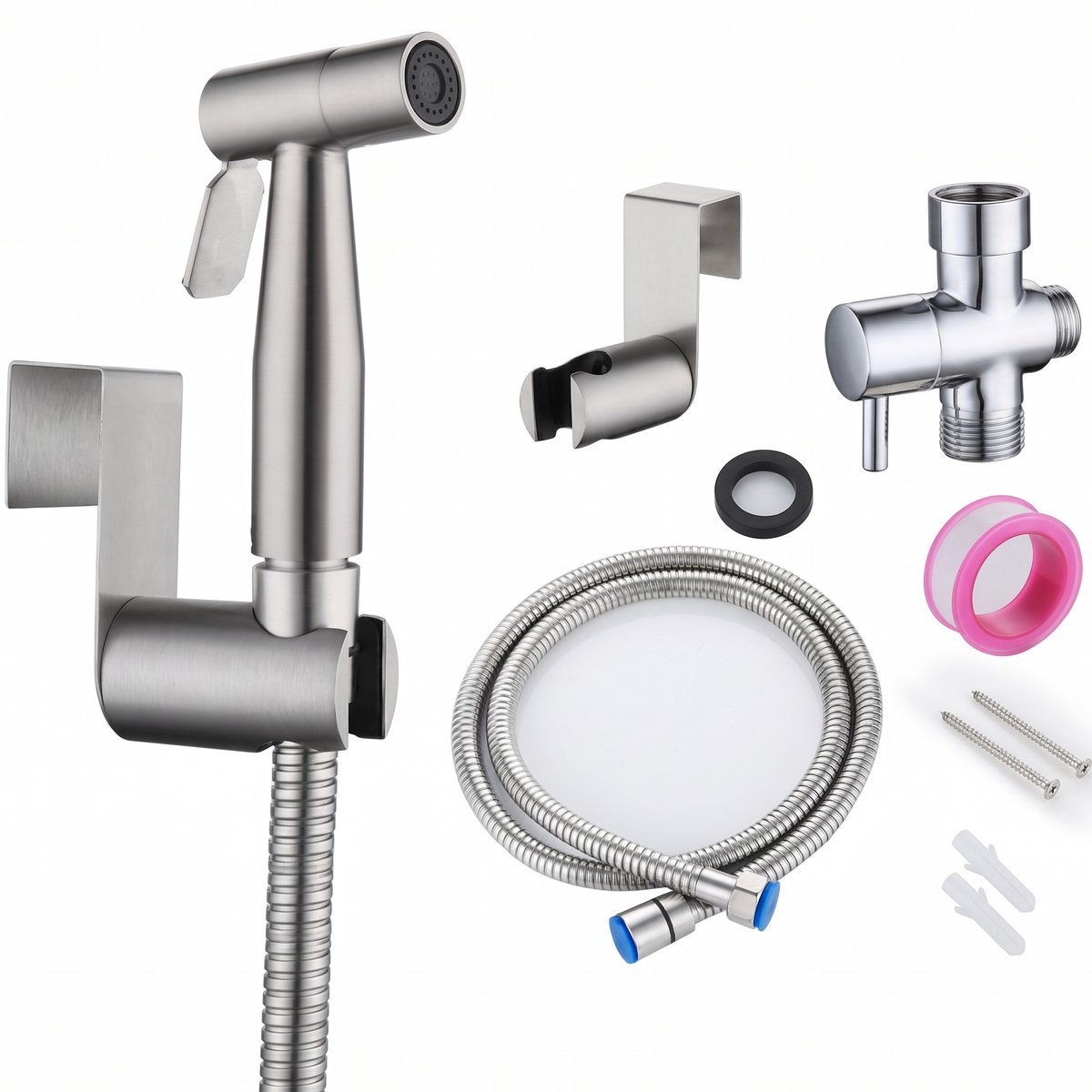 Bidet Handdoucheset - Bidet Sproeier uit geborsteld RVS - Inclusief slang, T-stuk & wandhouder - Intieme Douche met Handdouche, Wandhouder en 1,5 m Metalen Slang - WC-Sproeier met 1/2 Inch Aansluiting - Geborsteld RVS - Voor Badkamer en Toilet