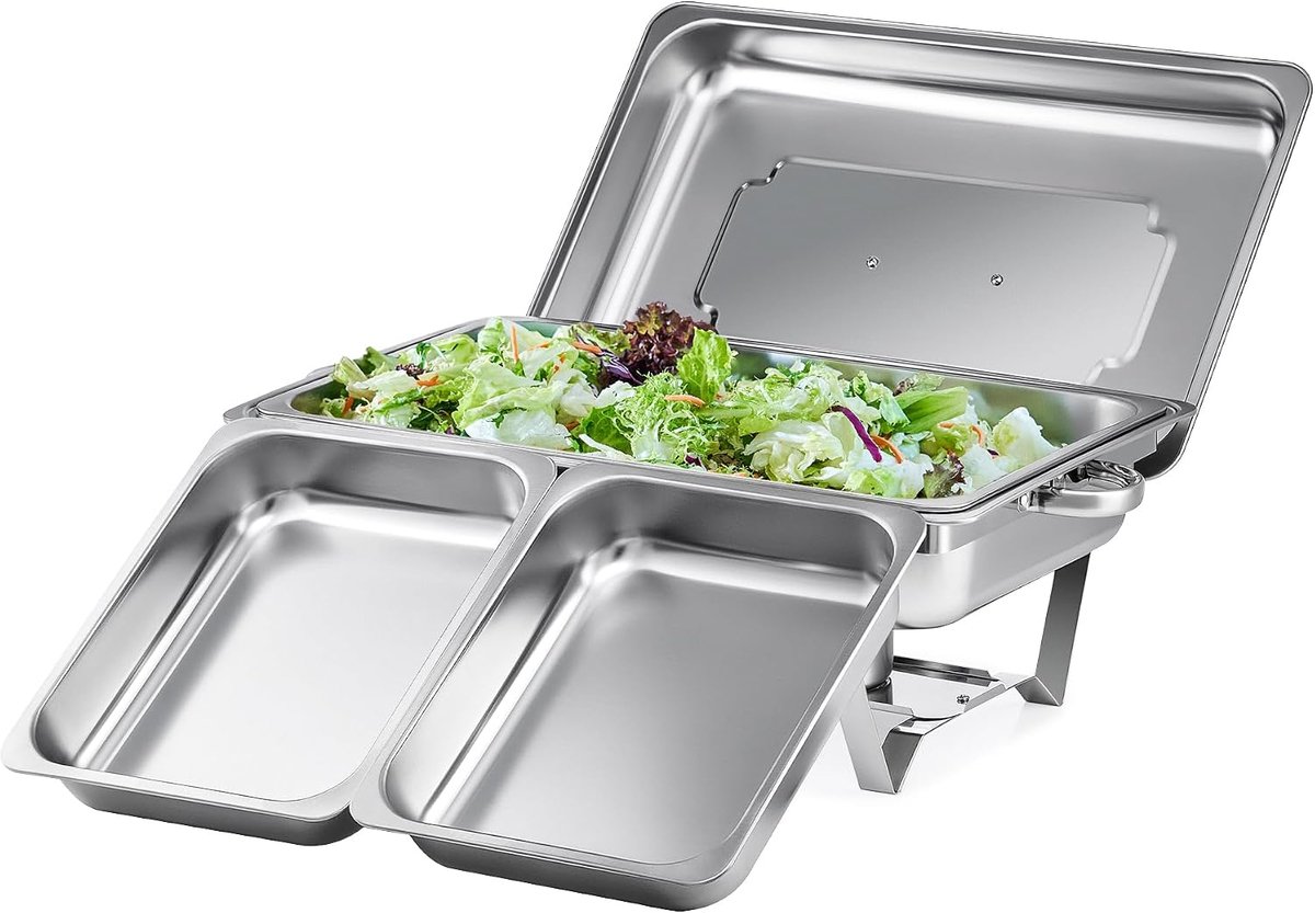 Chafing Dish Roestvrijstalen buffetset, warmhoudcontainer, voedselwarmers, warmtecontainer, rechaud voor catering, buffet en feestjes (1 set 1 x 1 + 2 x 1/2 GN bak)