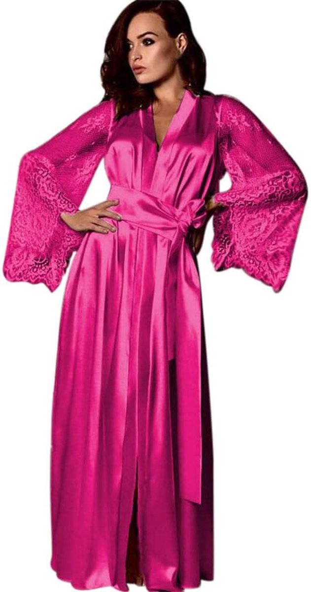 Sexy lingerie dames v-hals doorschijnende kanten kimono lingerie nachthemd ondergoed sexy set negligé jurk met stringSexy V-hals Lingerie Vrouwen Zijden Lange Gewaad Jurk Transparante Holle Kant Nacht