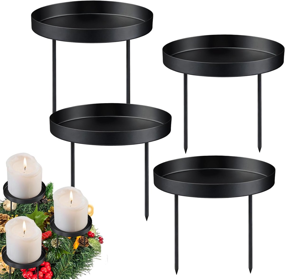Kaarsenhouder, 4 metaal, 8 cm, kaarsenplaat, communiekaarsensteker, winterdecoratie, binnen, kaarsenstandaard, wortelhout, decoratie, adventsstukken, stof, nagel communie, kaarsenbord met doorn (zwart