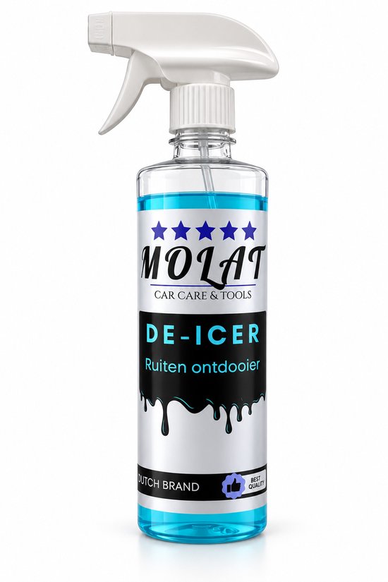 Fles MOLAT DE-ICER ruiten ontdooier met blauwe vloeistof en witte dop.