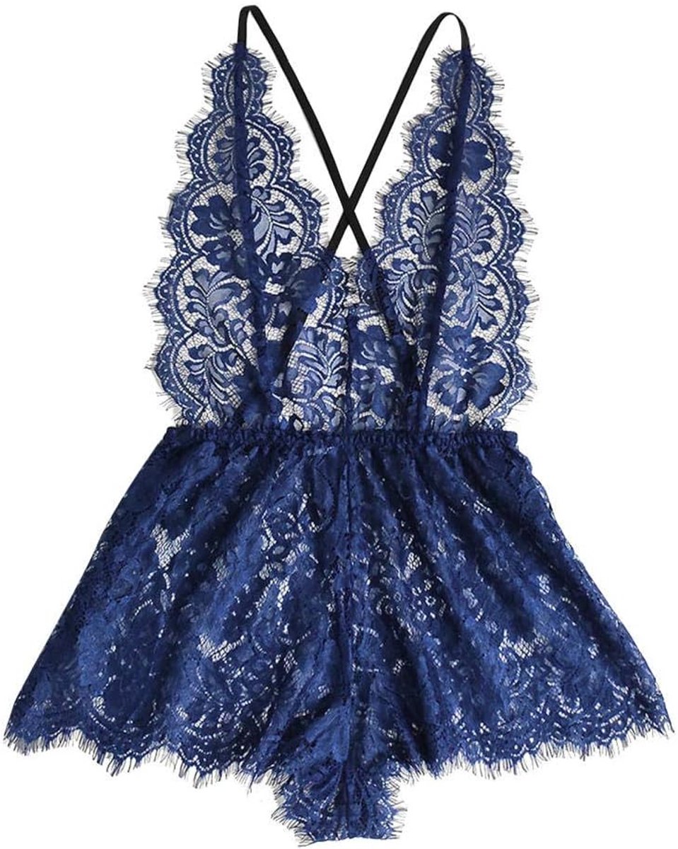 Dameskostuums Dames Bodysuit Kanten Lingerie V-hals Backless Jumpsuit Pyjama Sexy Lingerie-Blue_XL