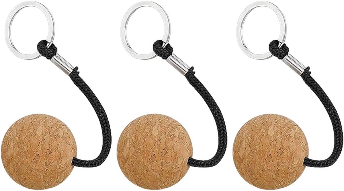 Ronde kogel van kurk, 3 stuks, drijvende sleutelhanger van hout, creatief accessoire voor watersport en buiten