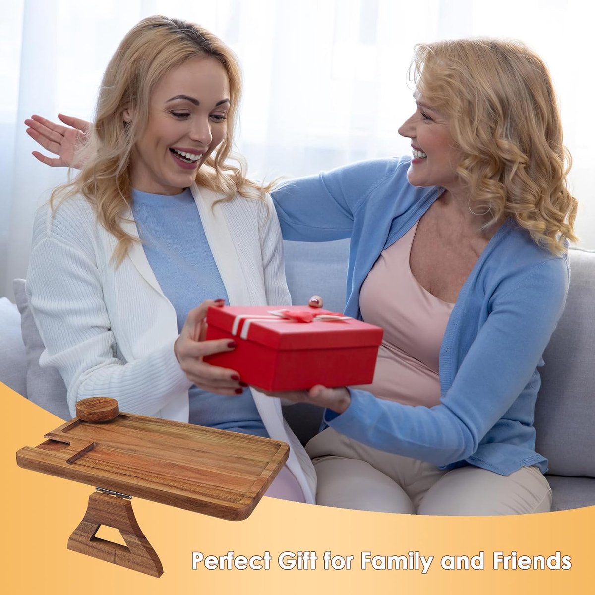 Bank Arm Dienblad, Acacia Hout Clip On Sofa Armleuning Tafel met Wijnglas Houder, Opvouwbare Fauteuil Tray met 360 ° gedraaide telefoonhouder, Bankleuning tafel voor Snack Afstandsbediening — cadeau in Kookcadeaus - foto 5