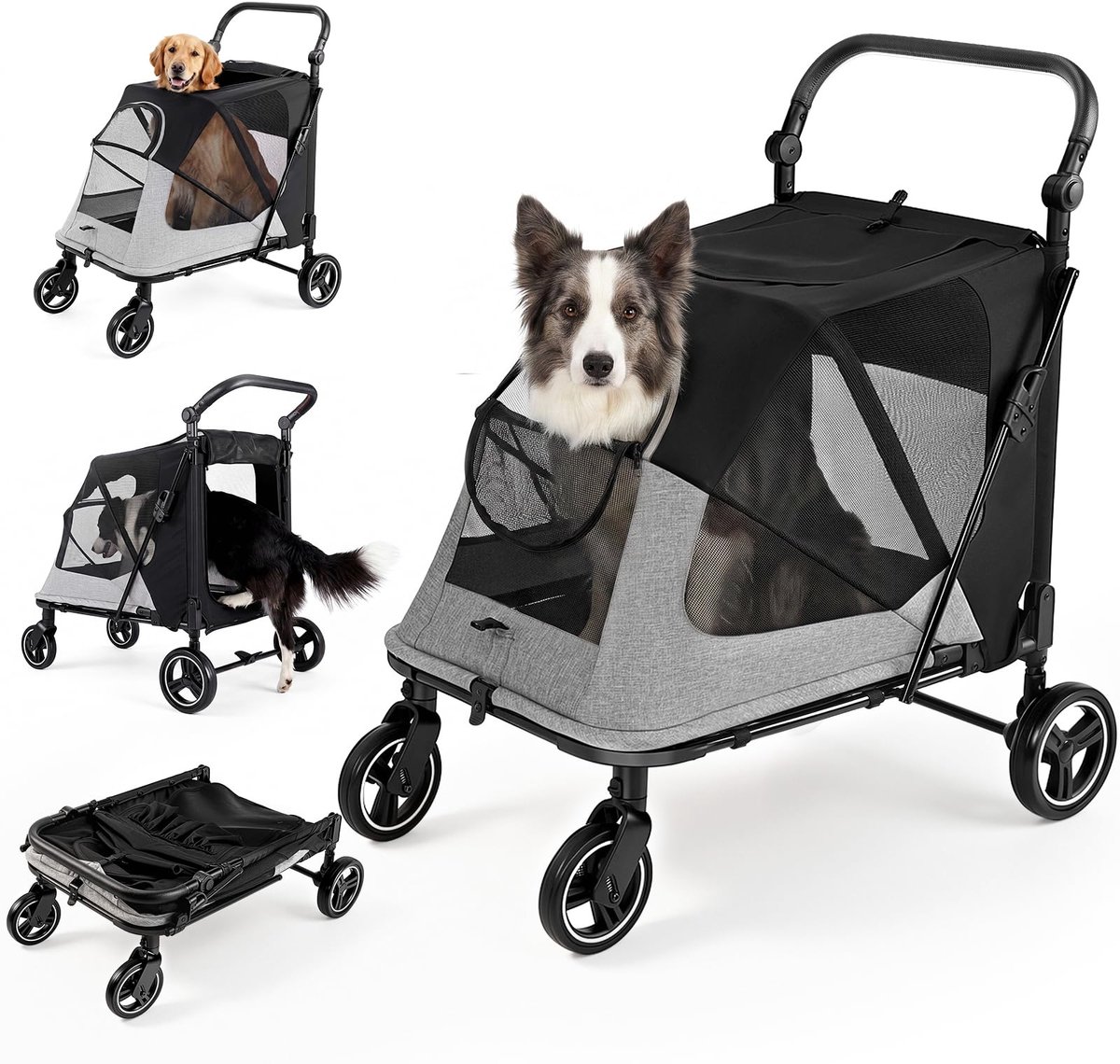MAMIZO Hondenwagen Opvouwbaar - netvenster hondenbuggy met kussen opvouwbare hondenwagen 4 wielen met remmen veiligheidsriem tas - Oxford-stof - tot 30 kg - Zwart en grijs