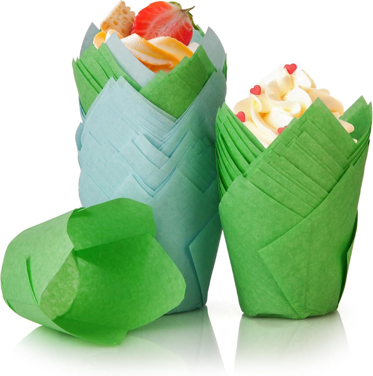 100 stuks papieren muffinvormpjes in tulpvorm Cupcake vormen Tulpe wegwerp bakbekers voor bruiloften verjaardag paasfeest familiefeesten (Blauw+Groen)