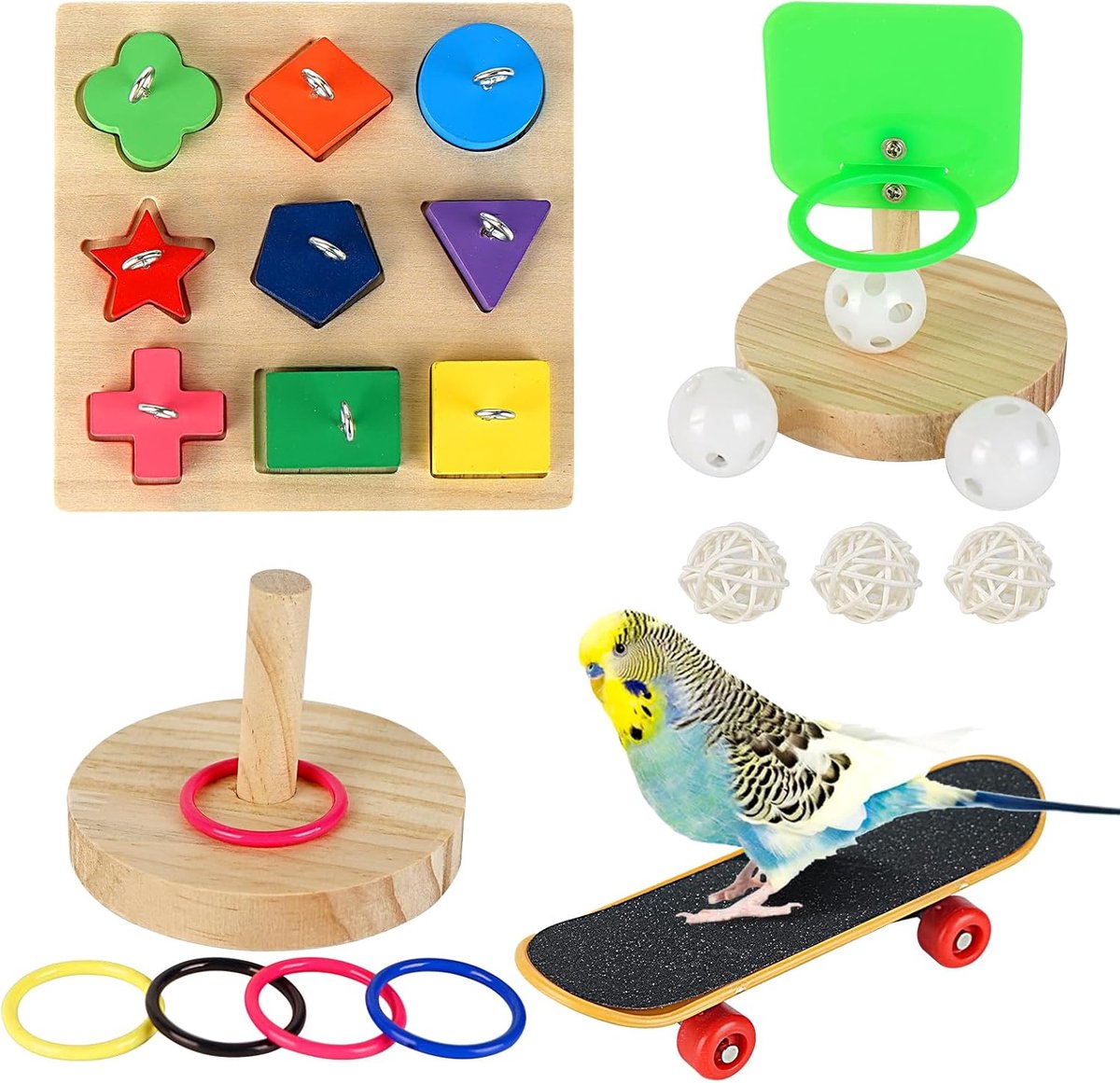 Speelgoed set inbegrepen Houten blokpuzzelspeelgoed, trainingsbasketbal, kleurrijke stapelringen, mini-skateboardspeelgoed voor papegaaien, parkieten, valkparkietparkieten #2