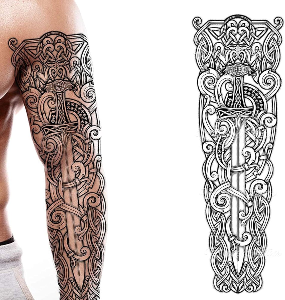 Tijdelijke Tattoo Volledige Arm Stick op Body Art Viking Middeleeuwse Keltische overdracht voor vrouwen en mannen Cosplay Halloween Volwassen Temp Tattoo Levensboom Wolf Kostuum