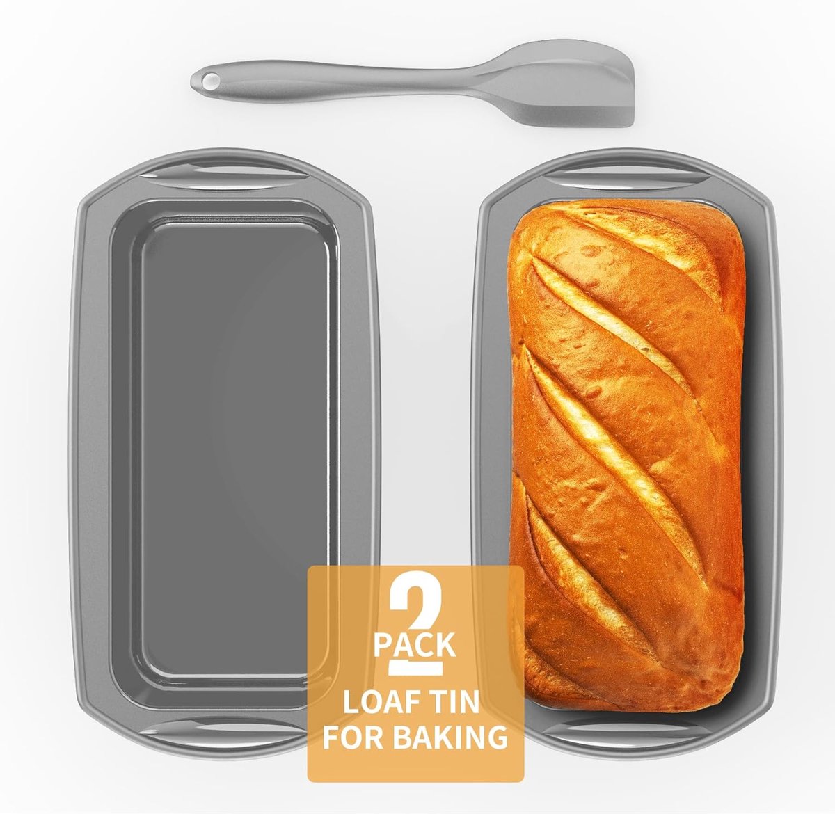 Rechthoekige broodbakvorm van siliconen met deegschraper, set van 2 siliconen vormen met anti-aanbaklaag voor cake en brood, 28 x 14,3 x 6,3 cm, grijs