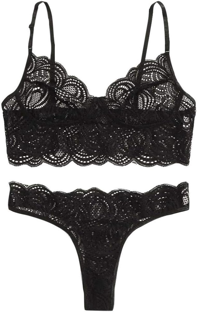 Sexy Lingerie Dames Kanten Beha G-String Ondergoed Nachtkleding Perspectief Kostuum M-2XL-Black_XL