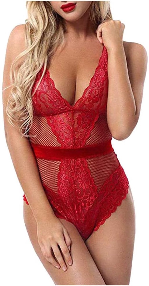 Lingeriesets dames Sensuele Lingerie Vrouw Sexy Lingerie Kant Zien Door Kostuums V-hals Ruglooze Jurken-red_XXL