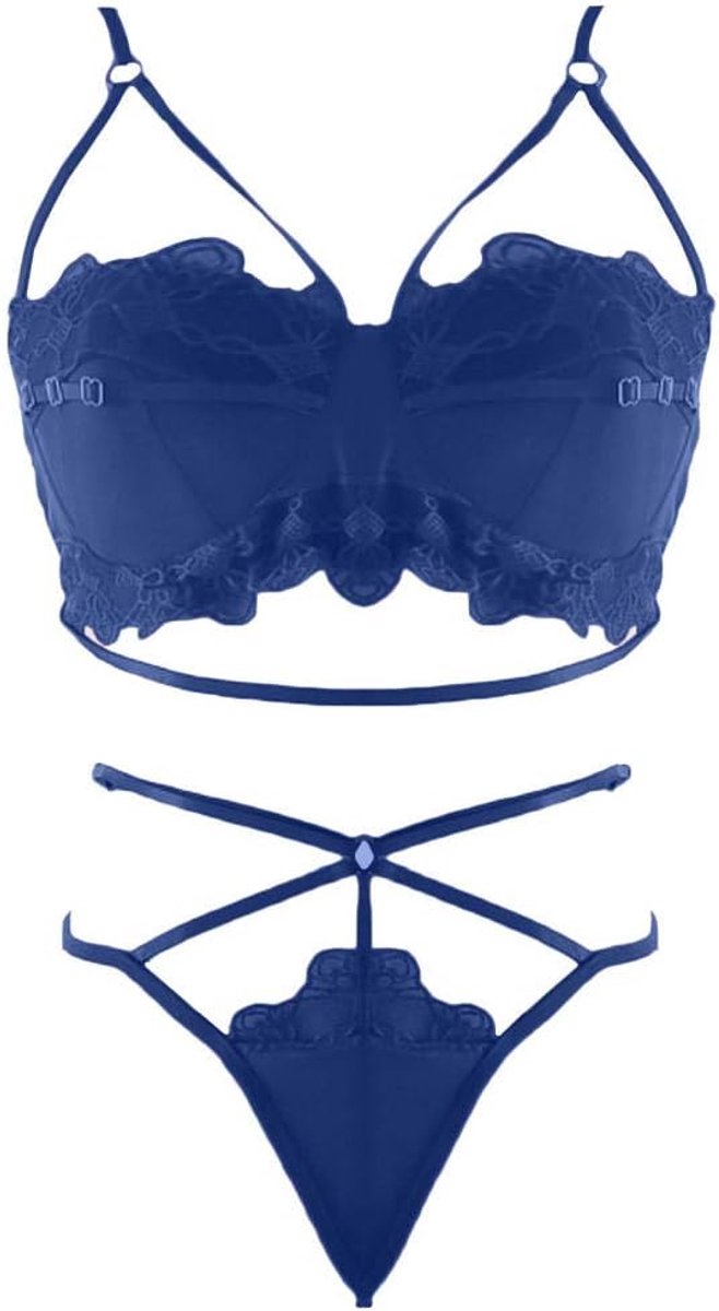 Dameskleding Dames Sexy Kostuum Kant Erotische Lingerie Porno Ondergoed Perspectief Beha String Nachtkleding Temptation-Blue_XXL