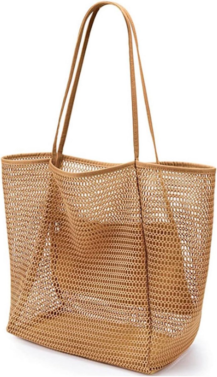 Mesh badtas, nettas voor zandspeelgoed, opvouwbare handtassen, bruin, L