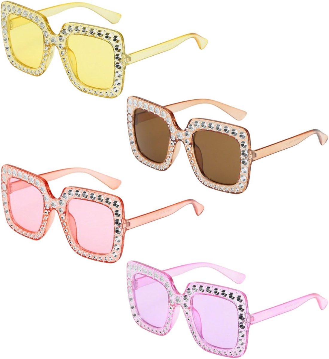 4 paar oversized retro strass vierkante zonnebril voor mannen vrouwen, groot frame kristal bling sprankelende zonnebril rechthoek festival disco party bril abba accessoires voor kip carnaval