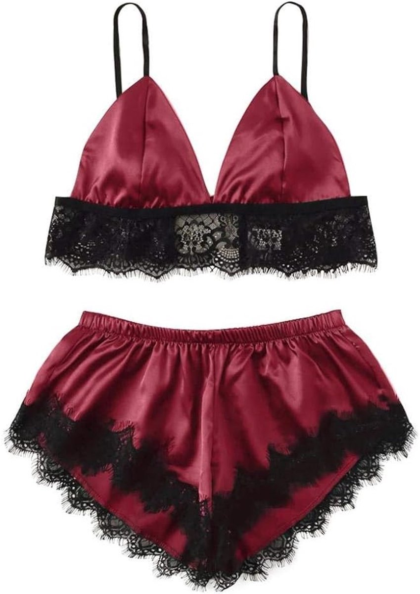 Nachtkleding kant lingerie sexy jurk met string voor damesPyjama Dames Lingerie Pyjama Sexy kanten Lingerie Zijden ondergoed Nachtkleding Nachthemd Pyjama's Satijn-Wine_L