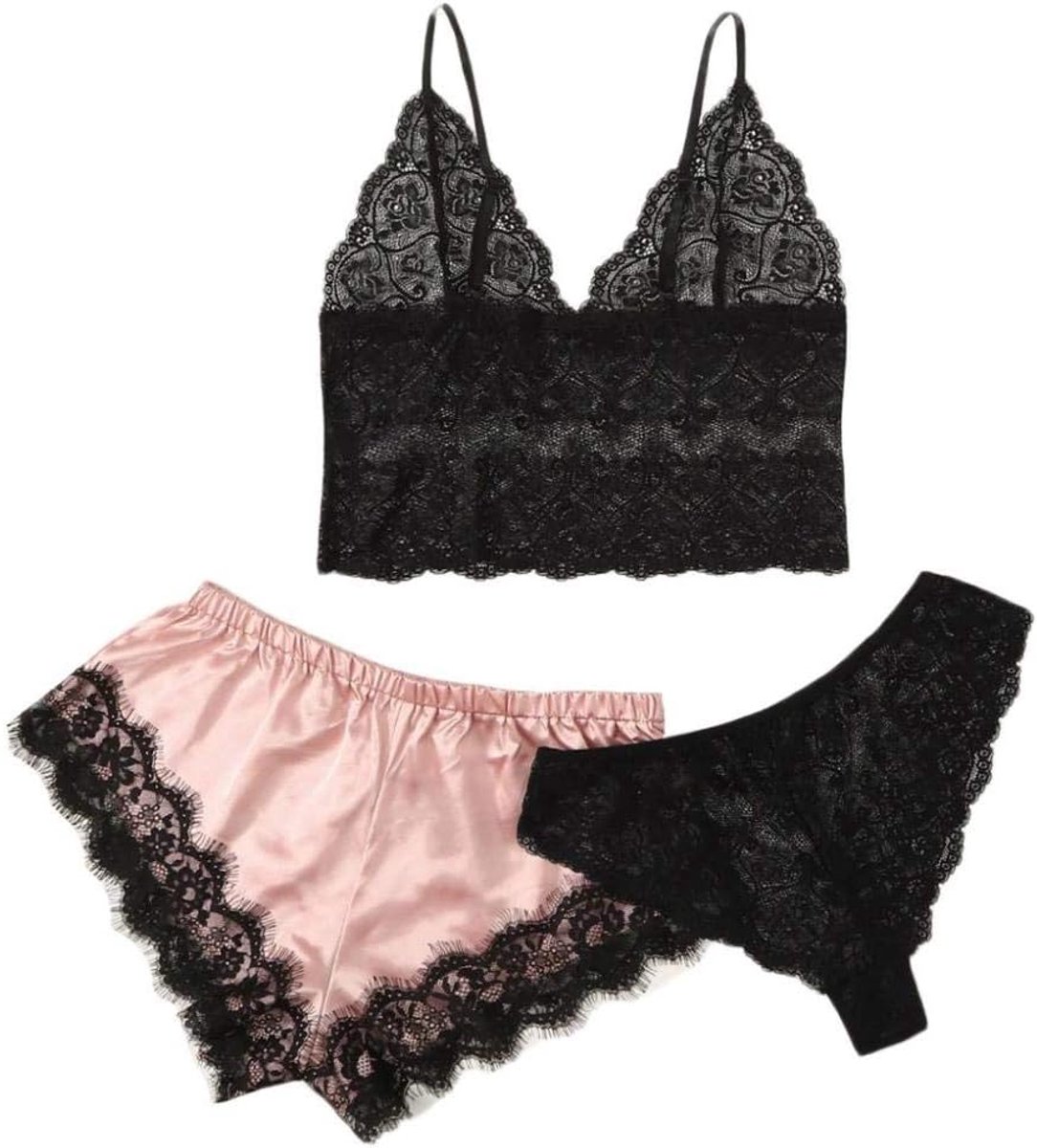 Nachtkleding kant lingerie nachtjurk lingerie sexy jurk met string voor damesVrouwen Kanten Beha Vlek Hemdje Pyjama Nachtkleding Strik Shorts Lingerie Set lungerie sexy