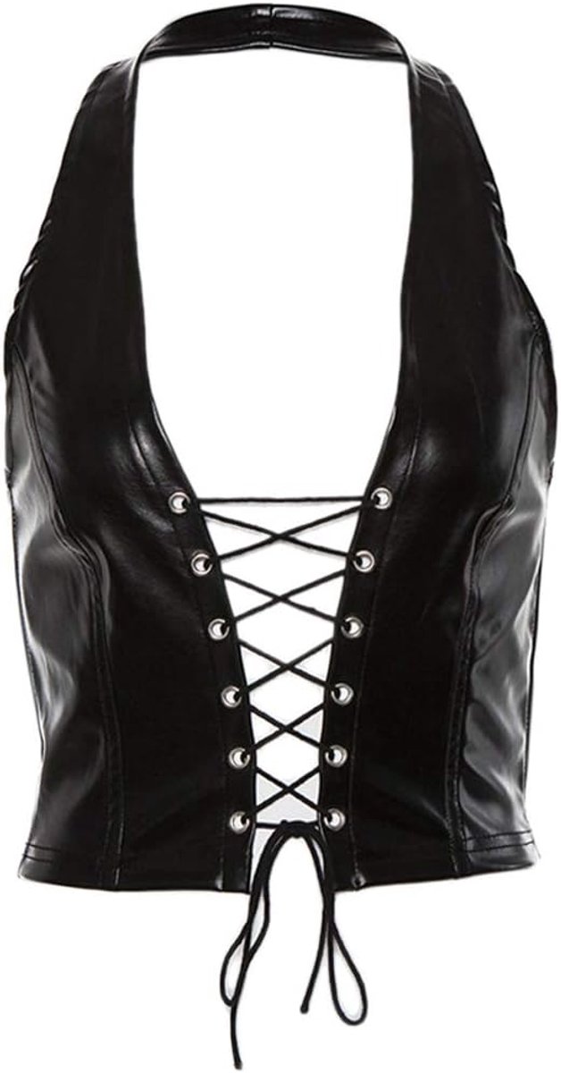 Punk Mouwloos Crop Top Houder Backless Faux Leather Lace-Up Hollow Vest Zwart