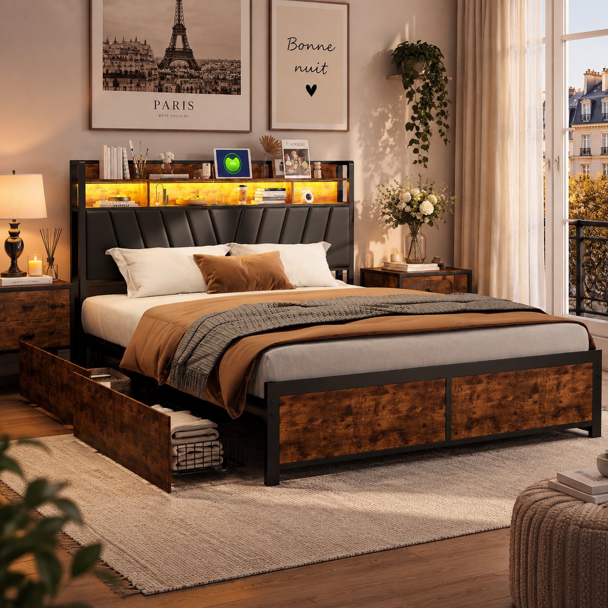 MEXUS Tweepersoonsbed 140x200 cm, met 2 lades, opbergruimte, gestoffeerd bed met USB-poort en LED-hoofdbord, tweepersoons metalen bedframe met lattenbodem, vintage bruinZwart