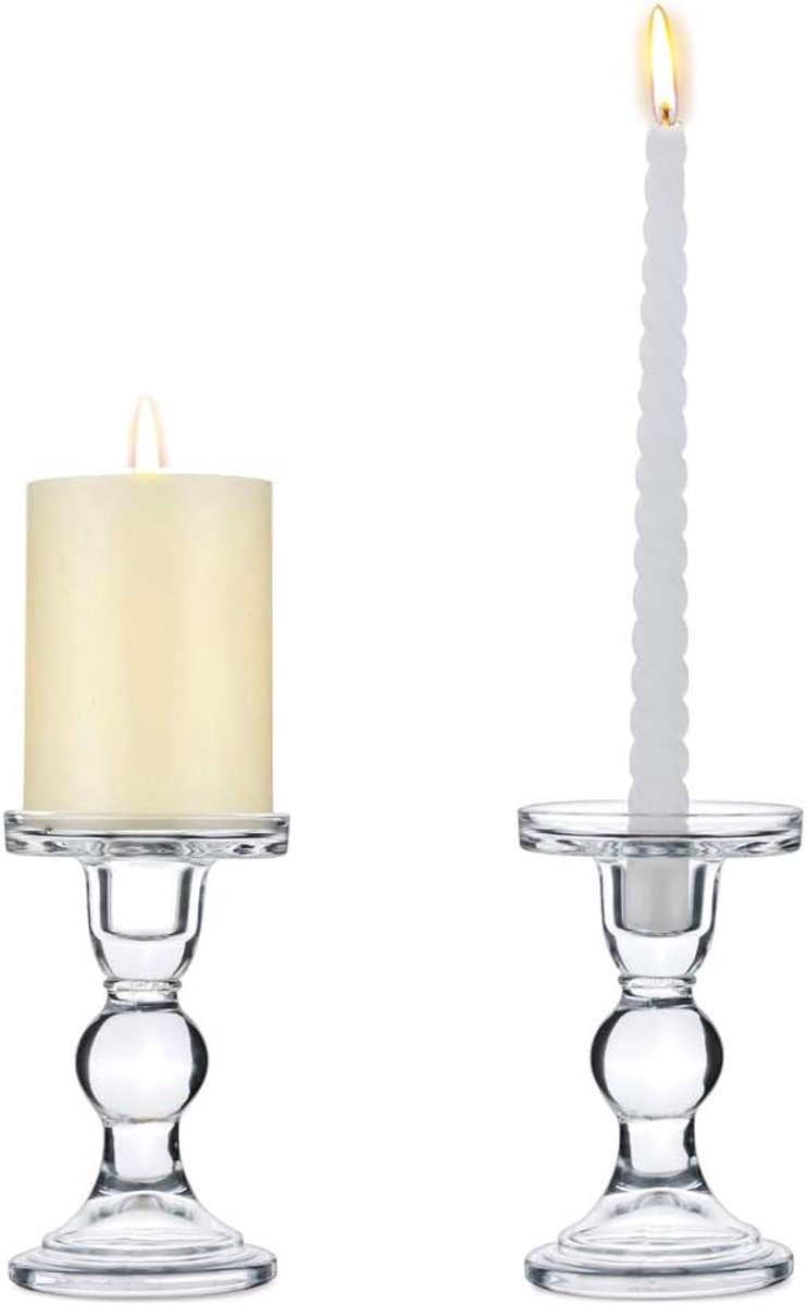 Set van 2 Helderglazen Pilaarkandelaars, Centerpieces voor Bruiloft Kandelaars voor 80mm Kaarsen en Conische Kaarsen Ideale Decoratie voor Bruiloften, Speciale Evenementen, Feesten