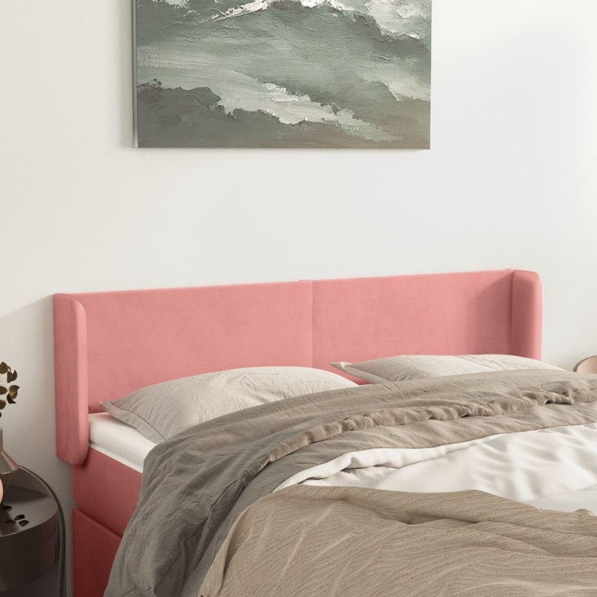 Hoofdeinde met oren, roze, 147 x 16 x 78/88 cm, fluweel, voor de slaapkamer, hotelhoofdeinde, werkkamer, voor slaapkamer, tweede slaapkamer, hotel