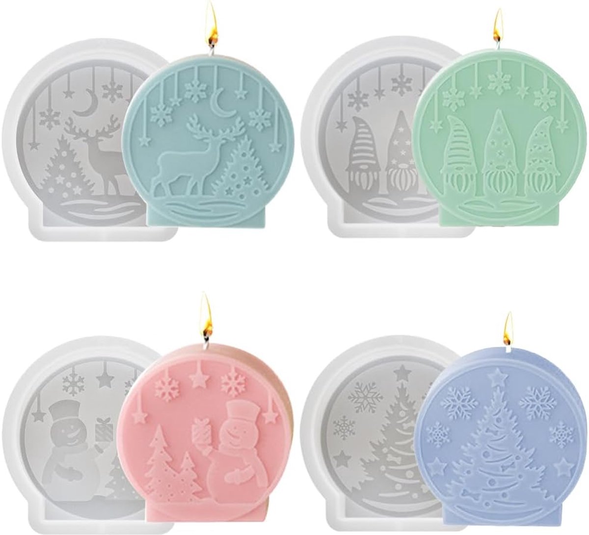 4 stuks kerstkaarsvorm, kaarsvorm, siliconen vormen, 3D-kerstvorm, epoxyvormen van siliconen voor het maken van kaarsen, zeep
