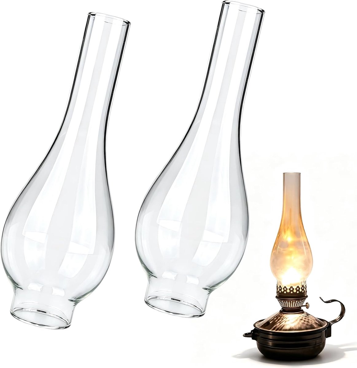 Open haard voor olielampen, 2 stuks lampenkap voor petroleumlamp, glazen olielamp, lampenkap, vervangende set voor vintage petroleumlampen, lampenkap voor olielampen, glazen cilinder voor