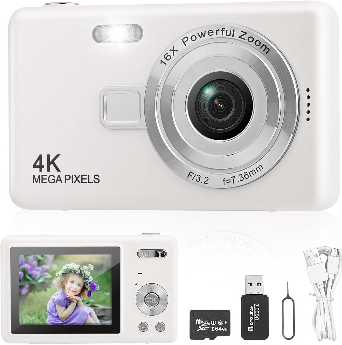 Camera fotocamera met 64GB kaart, 1080P FHD 40MP kindercamera 2,4" LCD, oplaadbare camera fotocamera met 8X digitale zoom digicam voor kinderen, volwassenen, meisjes, jongens (Wit)