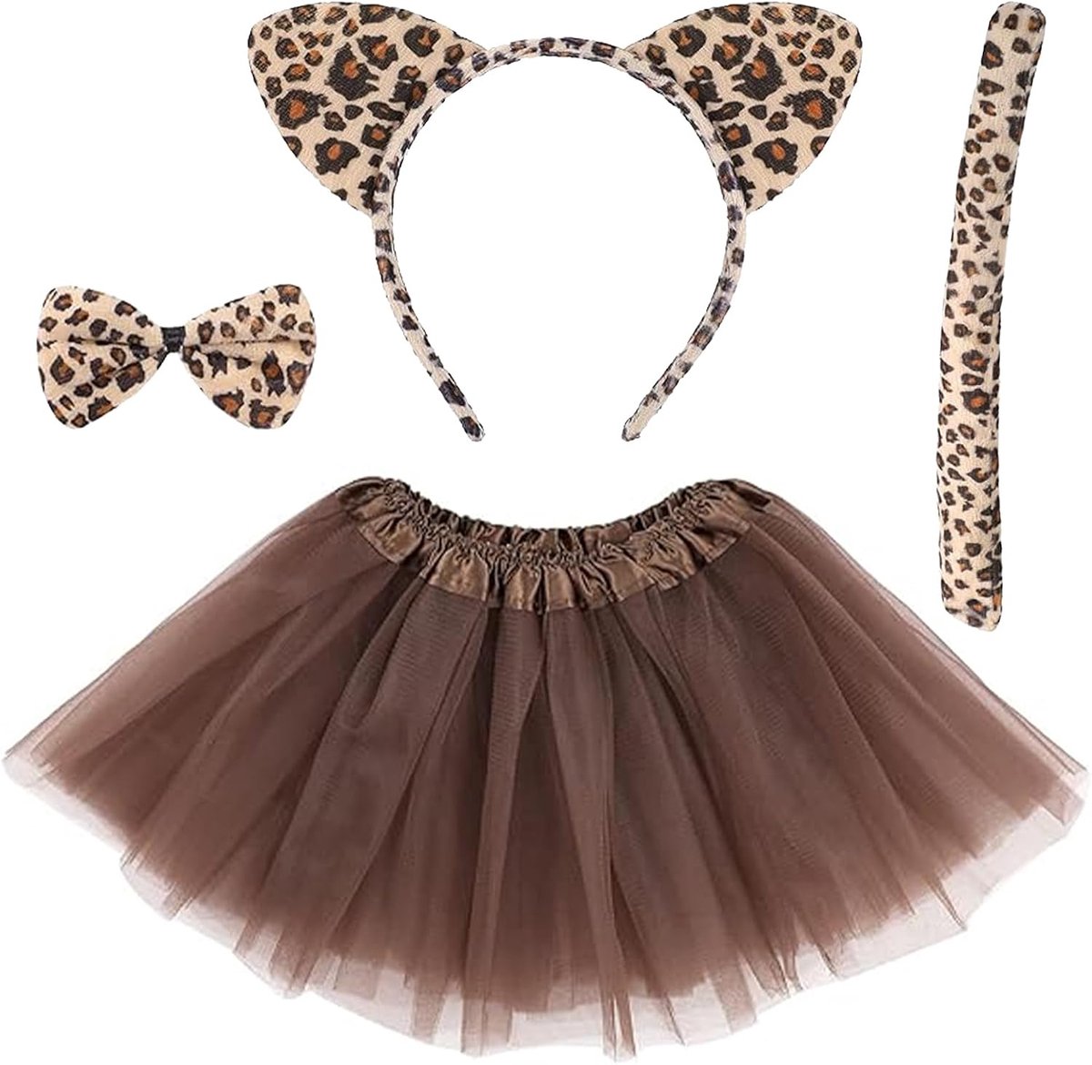 Luipaardkostuumset, luipaardoren, haarband, staart, vlinder, glittergezichtstattoo, tutu, rok, luipaardkostuum, damesaccessoires voor carnaval, cosplay, feest