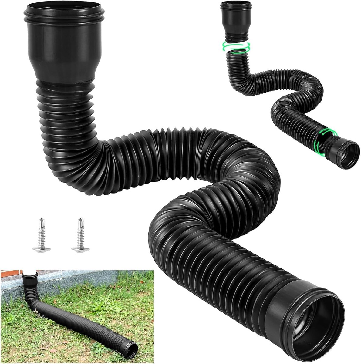 Regengoot Downspout Extension Flexibele PE Uitschuifbare Drain Away Extender voor Outdoor Villa Rond (zwart)