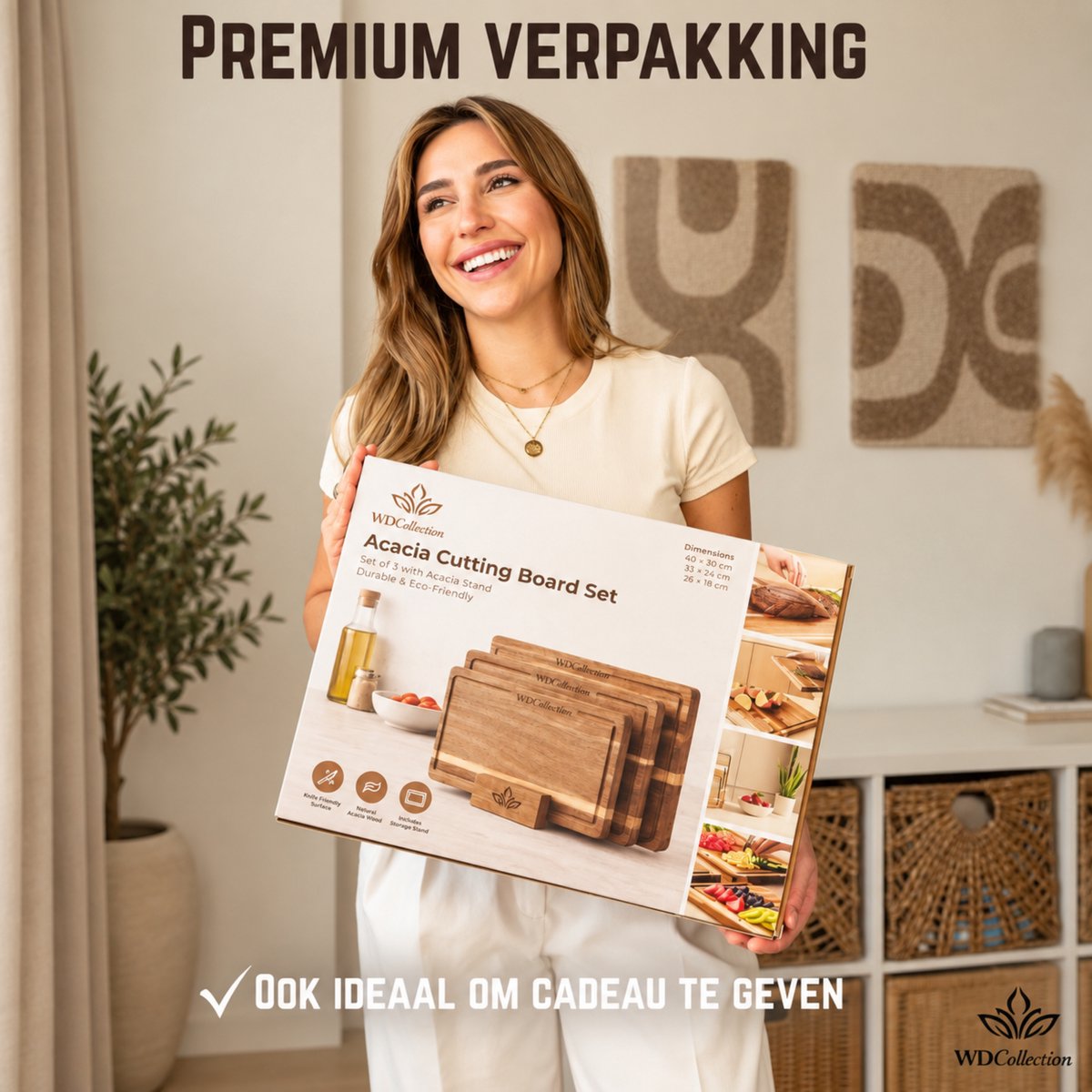 WDCollection® Snijplankenset 3-delig – Acaciahout – Dubbelzijdig – Met Sapgeul – Inclusief Houten Houder – Borrelplanken - Tapasplank - Houten Snijplank - (40x30 | 33x24 | 26x18 cm) — cadeau in Kookcadeaus - foto 2