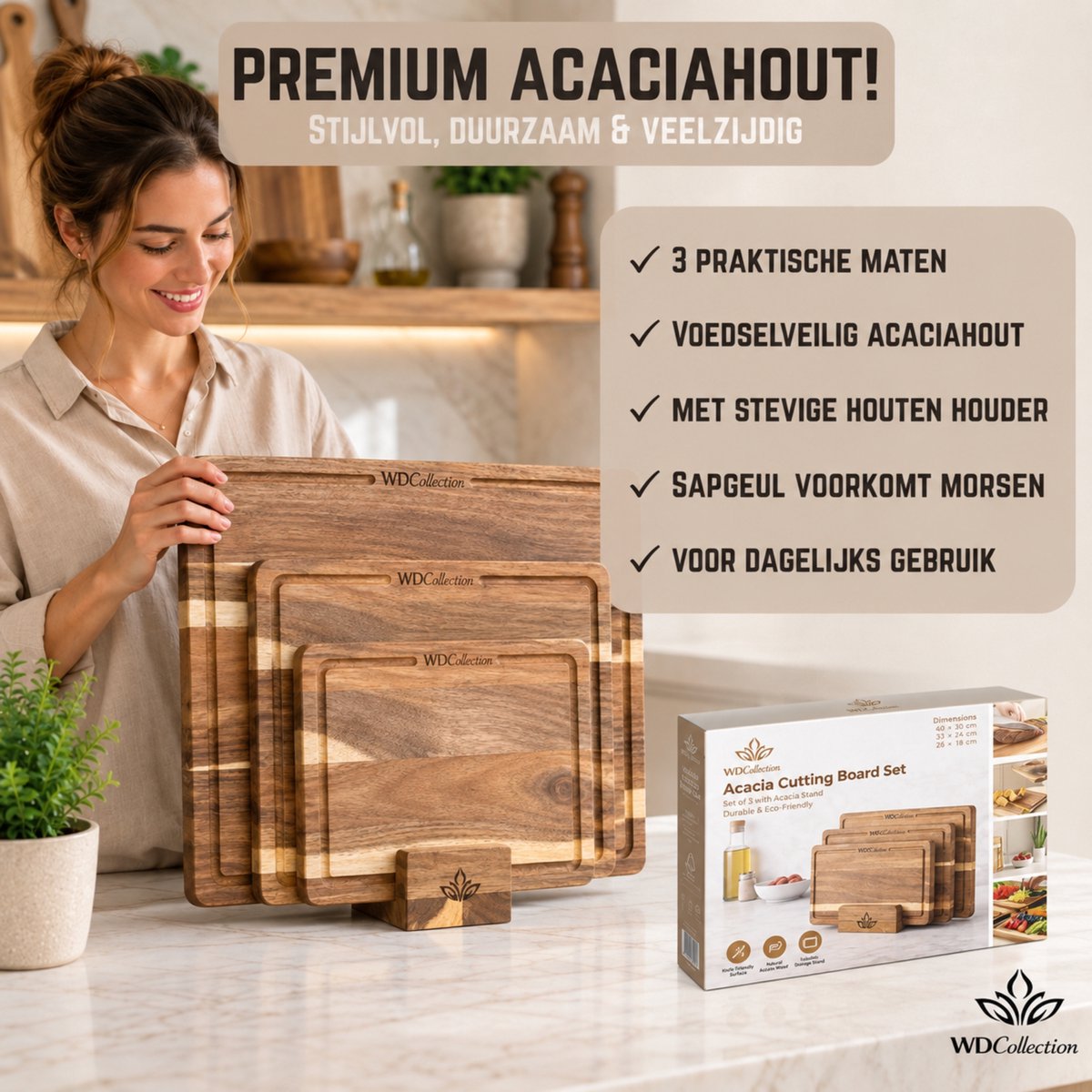 WDCollection® Snijplankenset 3-delig – Acaciahout – Dubbelzijdig – Met Sapgeul – Inclusief Houten Houder – Borrelplanken - Tapasplank - Houten Snijplank - (40x30 | 33x24 | 26x18 cm) — cadeau in Kookcadeaus - foto 4