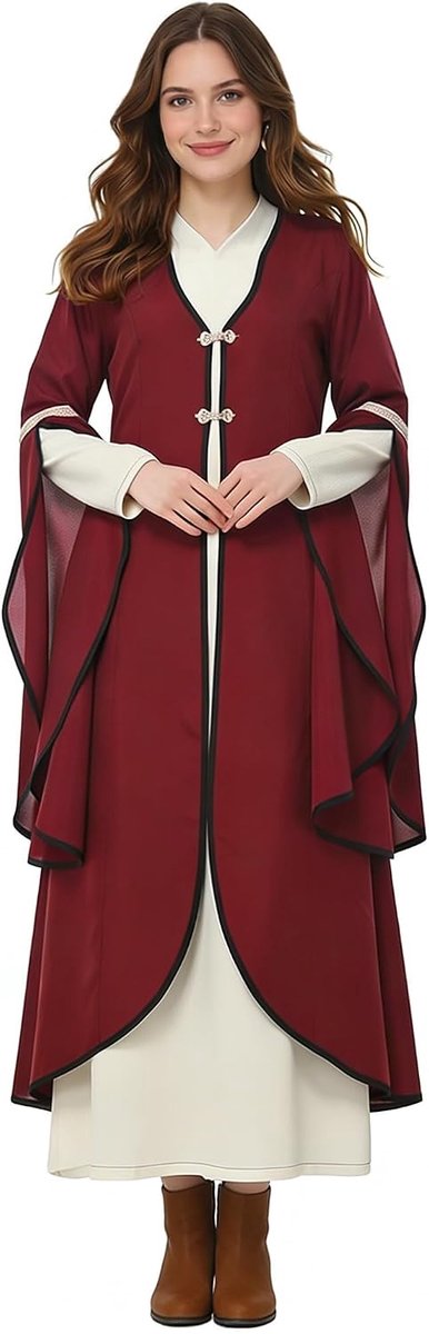 Renaissance-badjas voor dames, lange manteljurk met V-hals en klokmouwen, vloerlange kostuumjas voor Halloween, cosplay, gothic fantasy, tudor, re-enactment