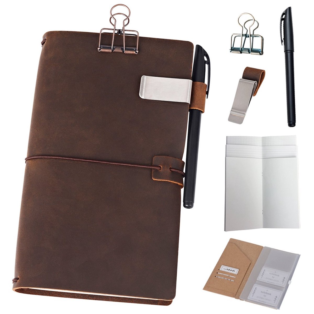 SnelShoppen - Refillable Leather Journal Traveler Notebook 11x21 cm met 5 Inserts, Penhouder en Binding Clip, Bruin, Ideaal voor Notities, Reizen en C