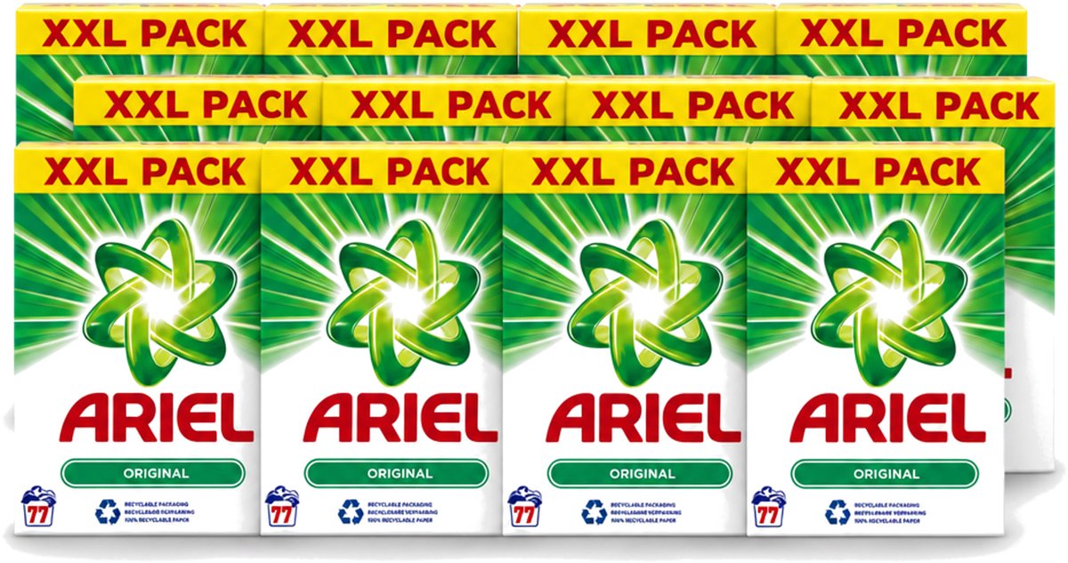 12 x Ariel Original XXL - Waspoeder - Witte en Lichtgekleurde Was - 77 Wasbeurten - Voordeelverpakking - 12 stuks