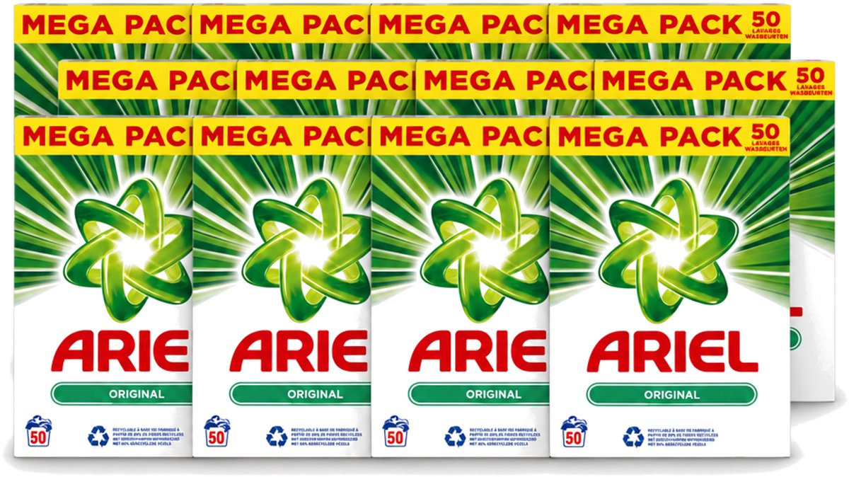 12 x Ariel Original - Waspoeder - Witte en Lichtgekleurde Was - 50 Wasbeurten - Voordeelverpakking - 12 stuks