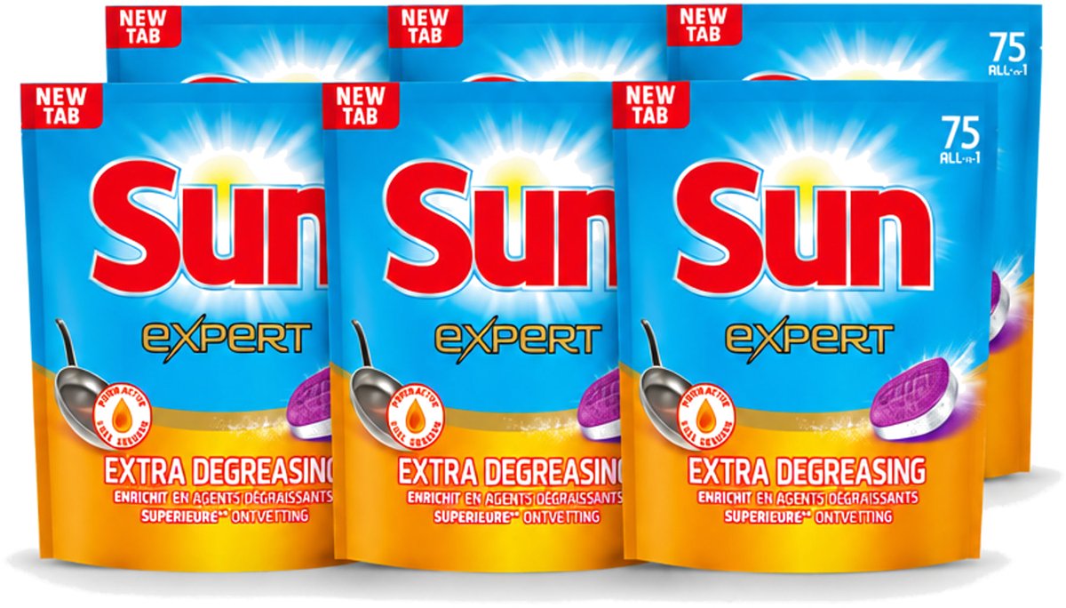 6 x Sun Expert - All-in-1 - Vaatwastabletten - Extra Ontvettend - 75 Tabletten - Voordeelverpakking - 6 stuks